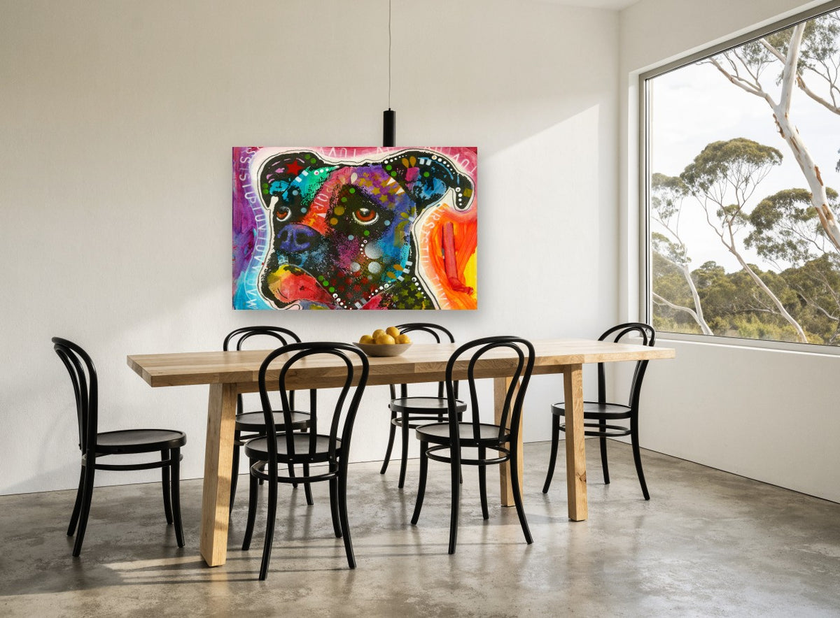 Pop Art Boxer Dog animal canvas print on the wall of a dining room