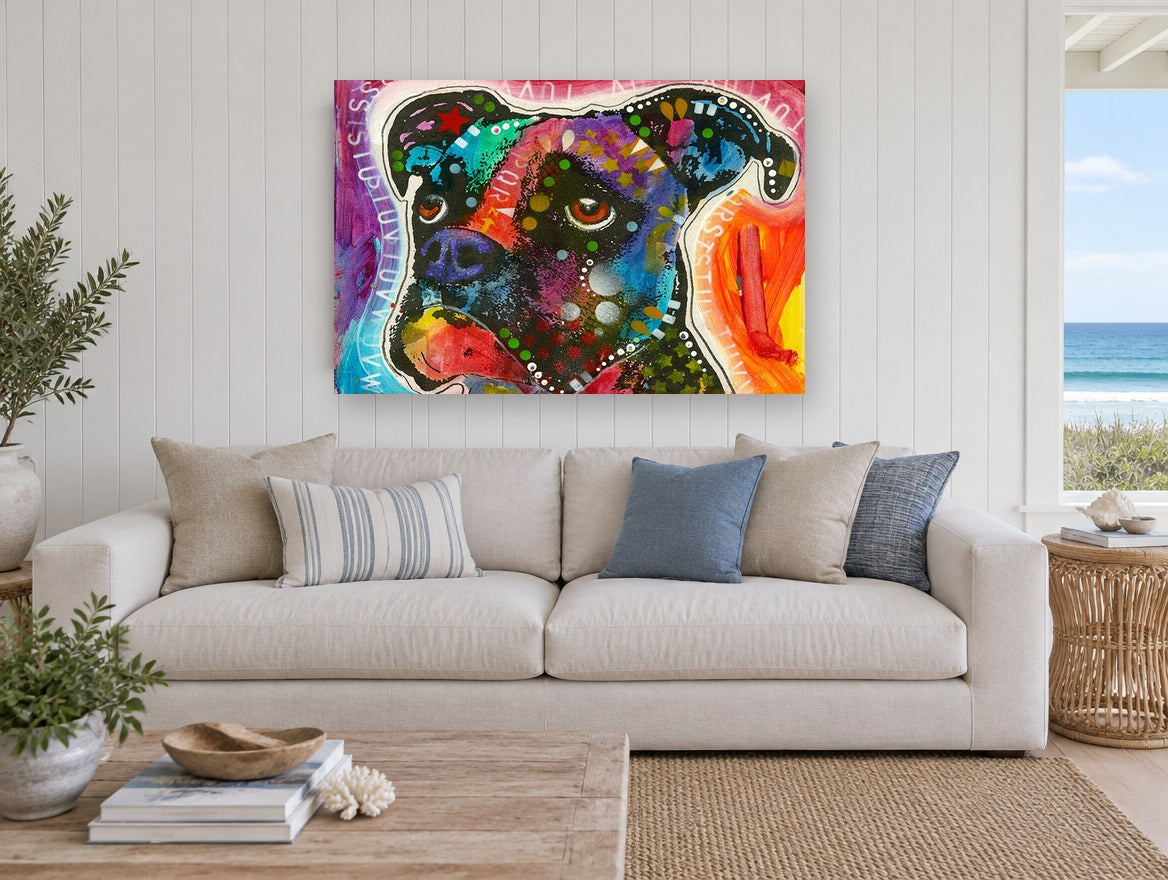 Pop Art Boxer Dog animal canvas print on the wall of a beach house living room