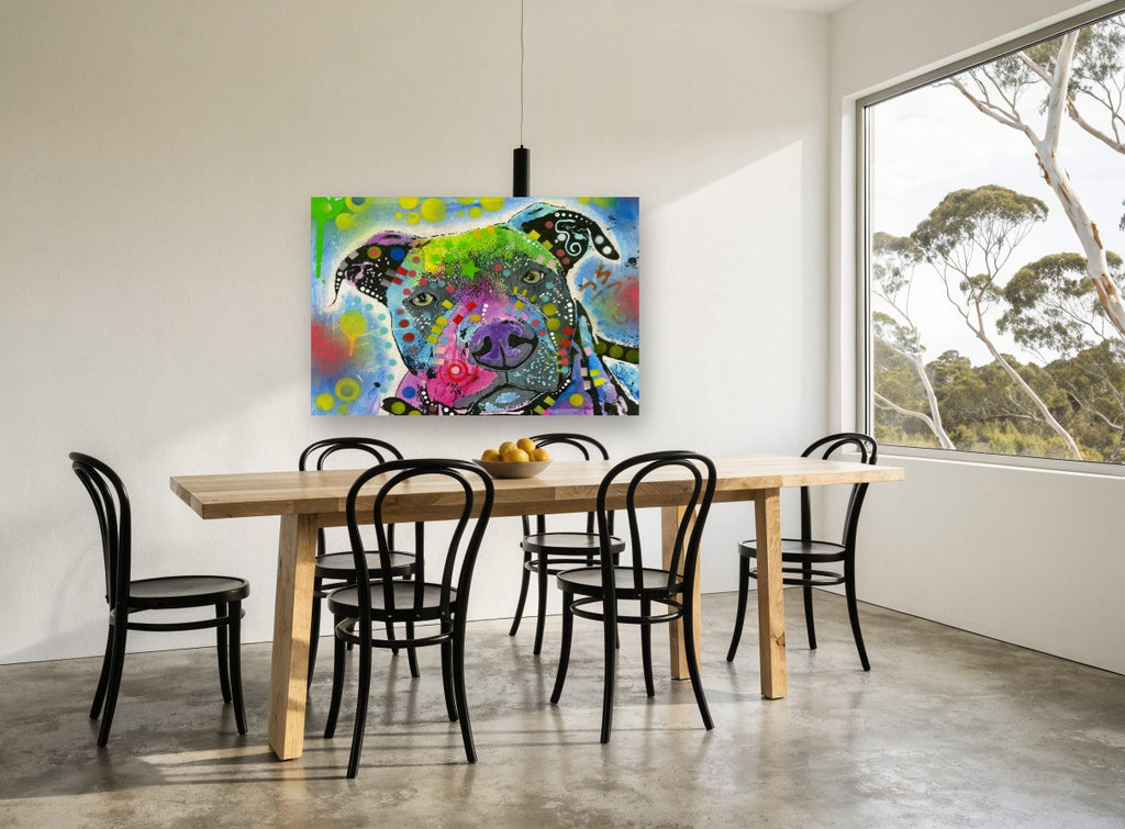 Neon Pit Bull Portrait animal canvas print on the wall of a dining room