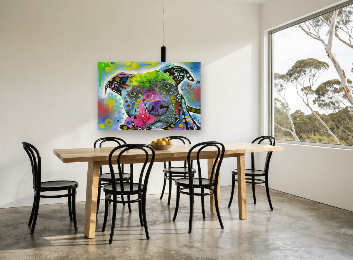 Neon Pit Bull Portrait animal canvas print on the wall of a dining room