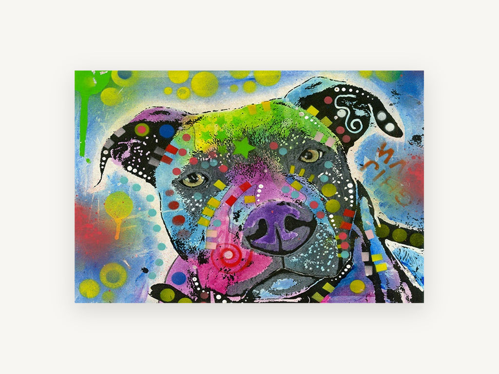 Neon Pit Bull Portrait, colourful pit bull pop art portrait, animal canvas wall art print, front view