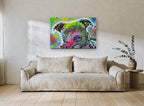 Neon Pit Bull Portrait animal canvas print on the wall of a living room