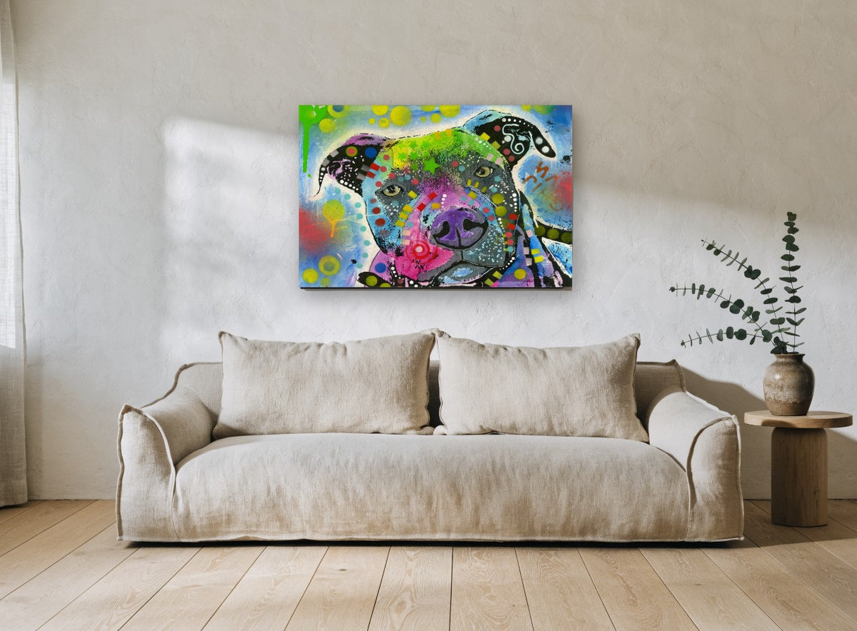 Neon Pit Bull Portrait animal canvas print on the wall of a living room