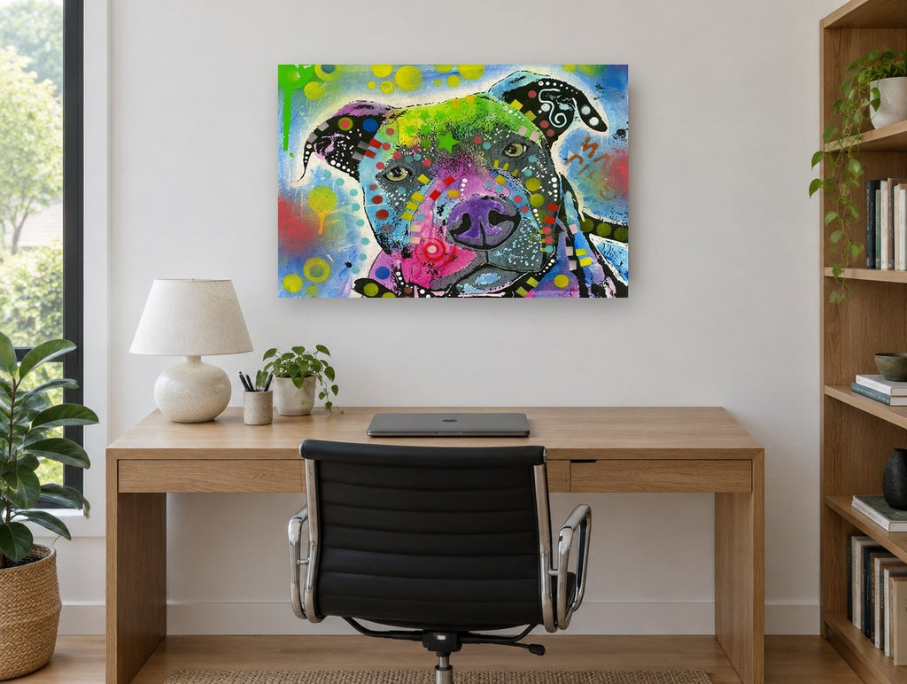 Neon Pit Bull Portrait animal canvas print on the wall of a study