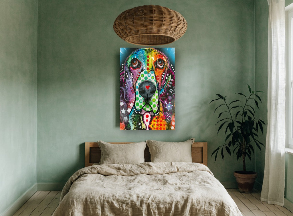 Polka Dot Basset animal canvas print on the wall of a bedroom