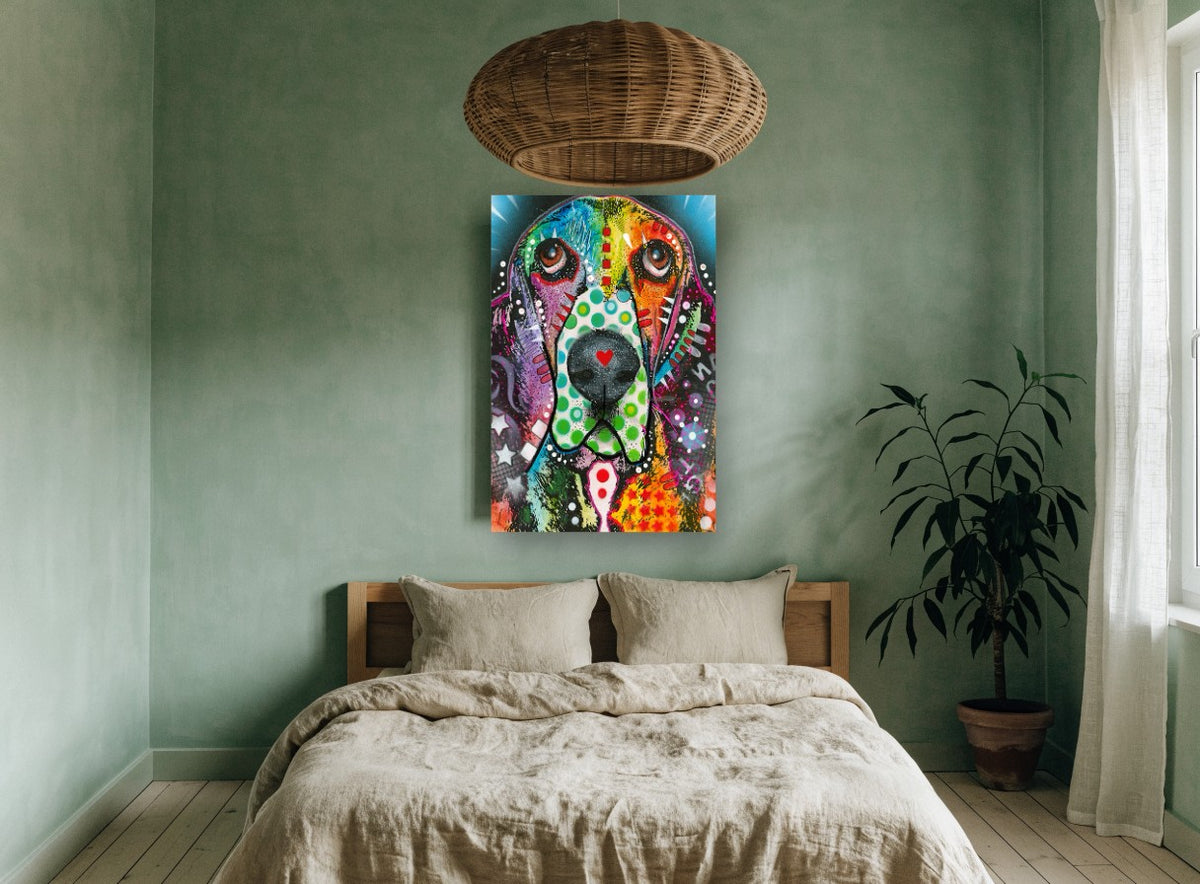Polka Dot Basset animal canvas print on the wall of a bedroom