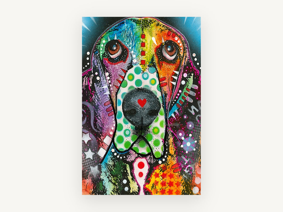 Polka Dot Basset, colourful basset hound pop art, animal canvas wall art print, front view