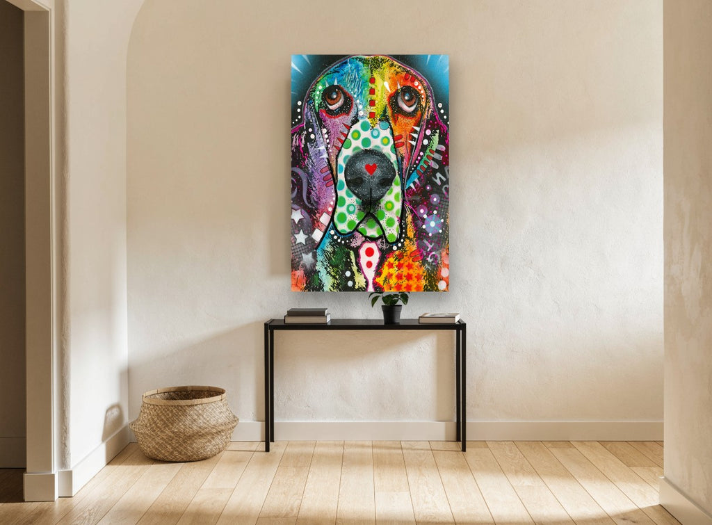 Polka Dot Basset animal canvas print on the wall of a hallway
