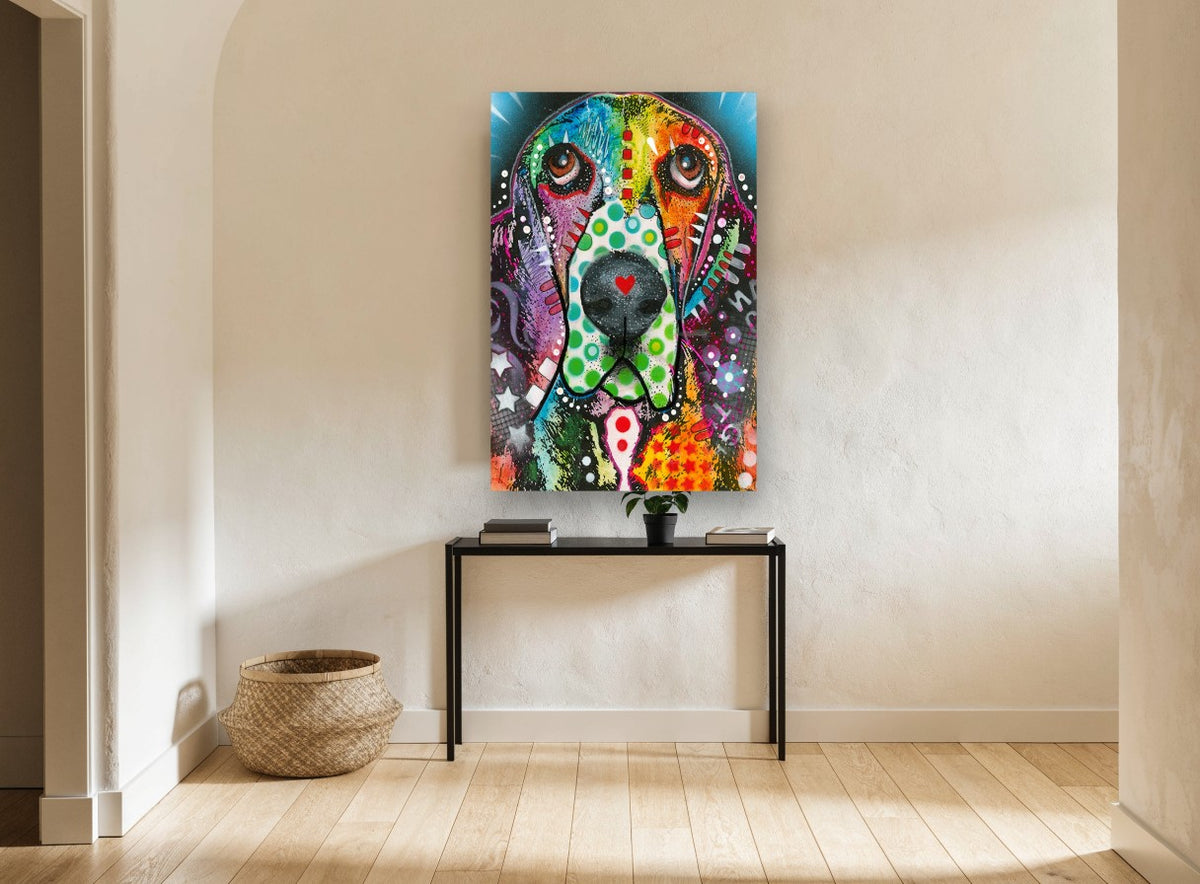 Polka Dot Basset animal canvas print on the wall of a hallway