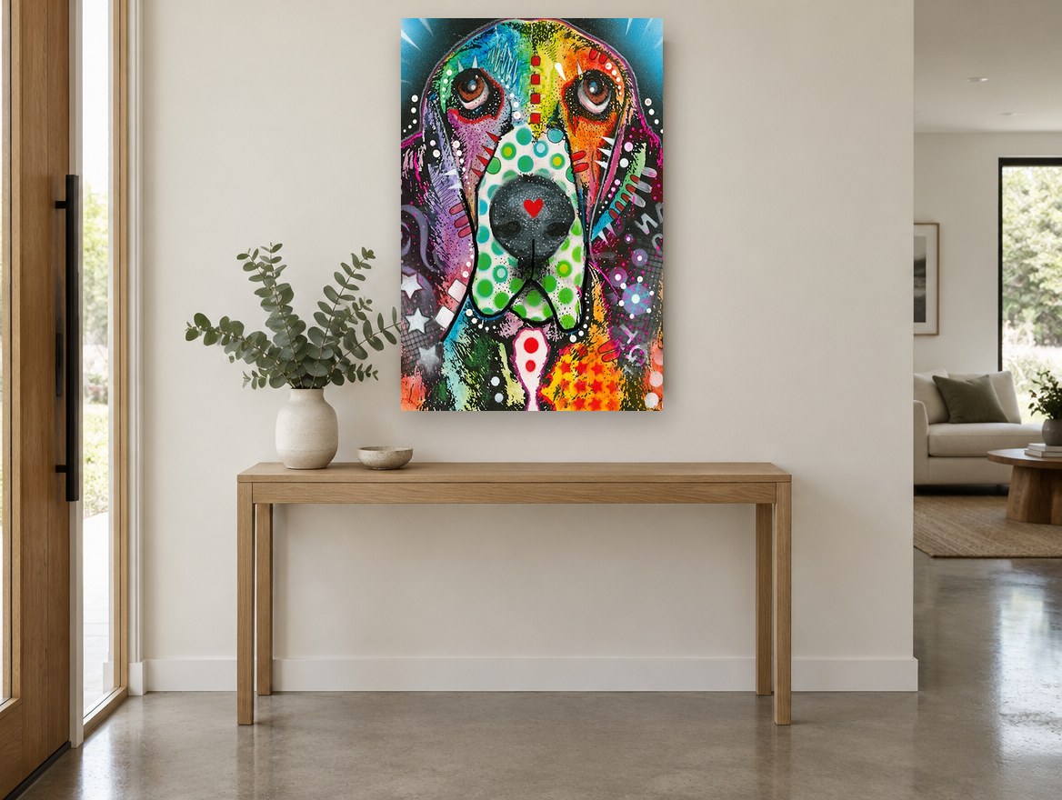Polka Dot Basset animal canvas print on the wall of a entry hall