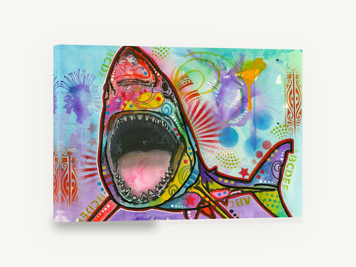 Neon Shark Burst, colourful pop art shark illustration, animal canvas wall art print ready to hang