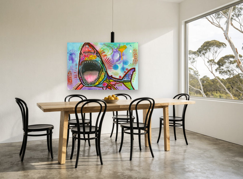 Neon Shark Burst animal canvas print on the wall of a dining room