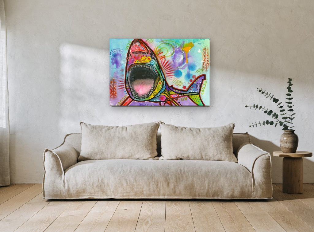 Neon Shark Burst animal canvas print on the wall of a living room