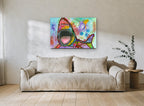 Neon Shark Burst animal canvas print on the wall of a living room