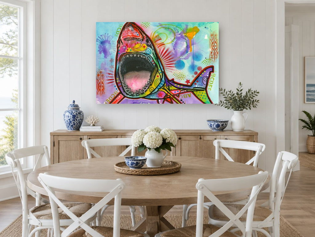 Neon Shark Burst animal canvas print on the wall of a Hamptons dining room