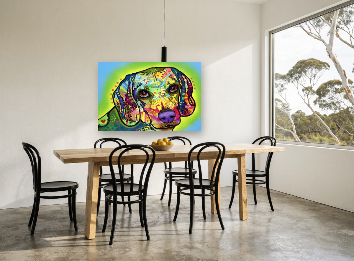 Neon Beagle Gaze animal canvas print on the wall of a dining room