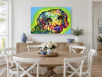 Neon Beagle Gaze animal canvas print on the wall of a Hamptons dining room