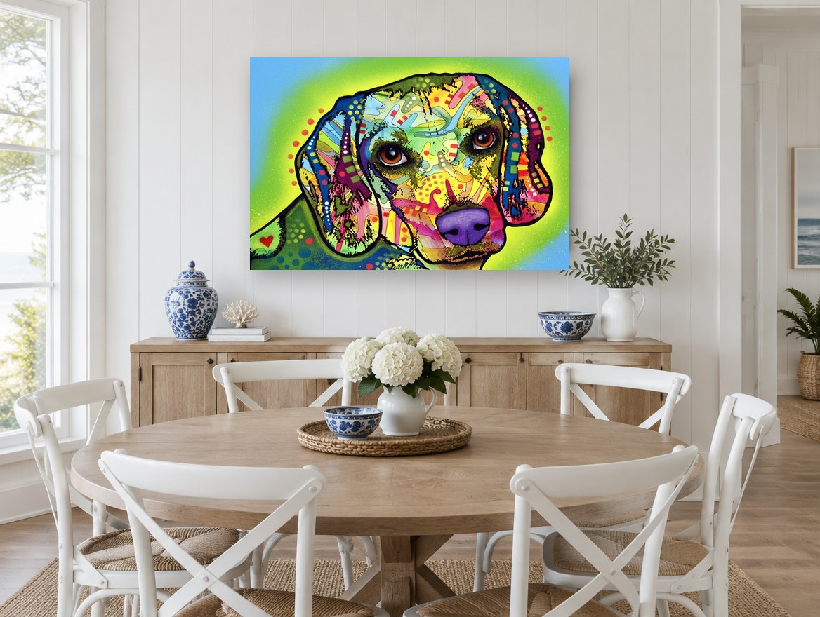 Neon Beagle Gaze animal canvas print on the wall of a Hamptons dining room
