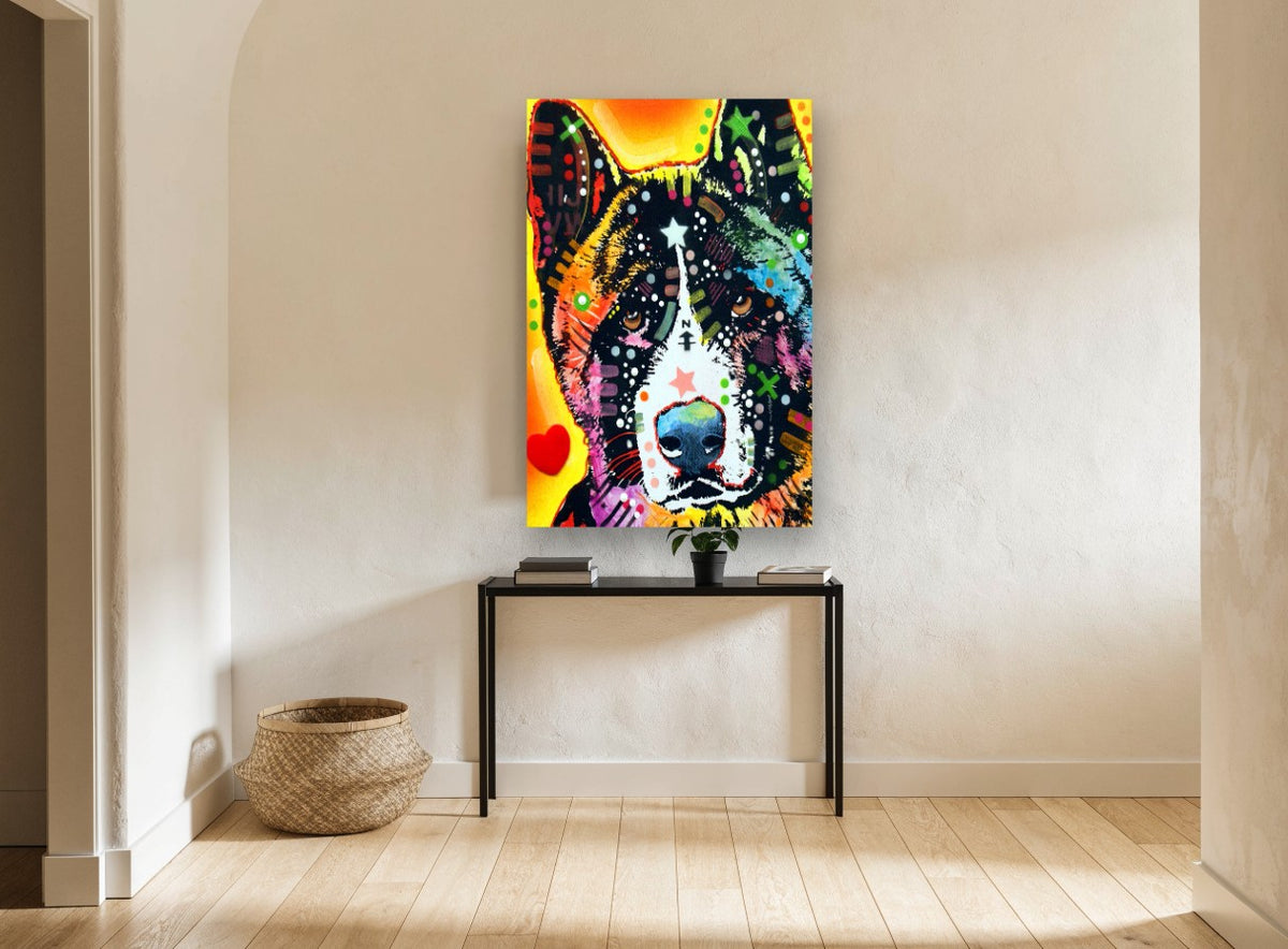 Starry Akita Pop animal canvas print on the wall of a hallway