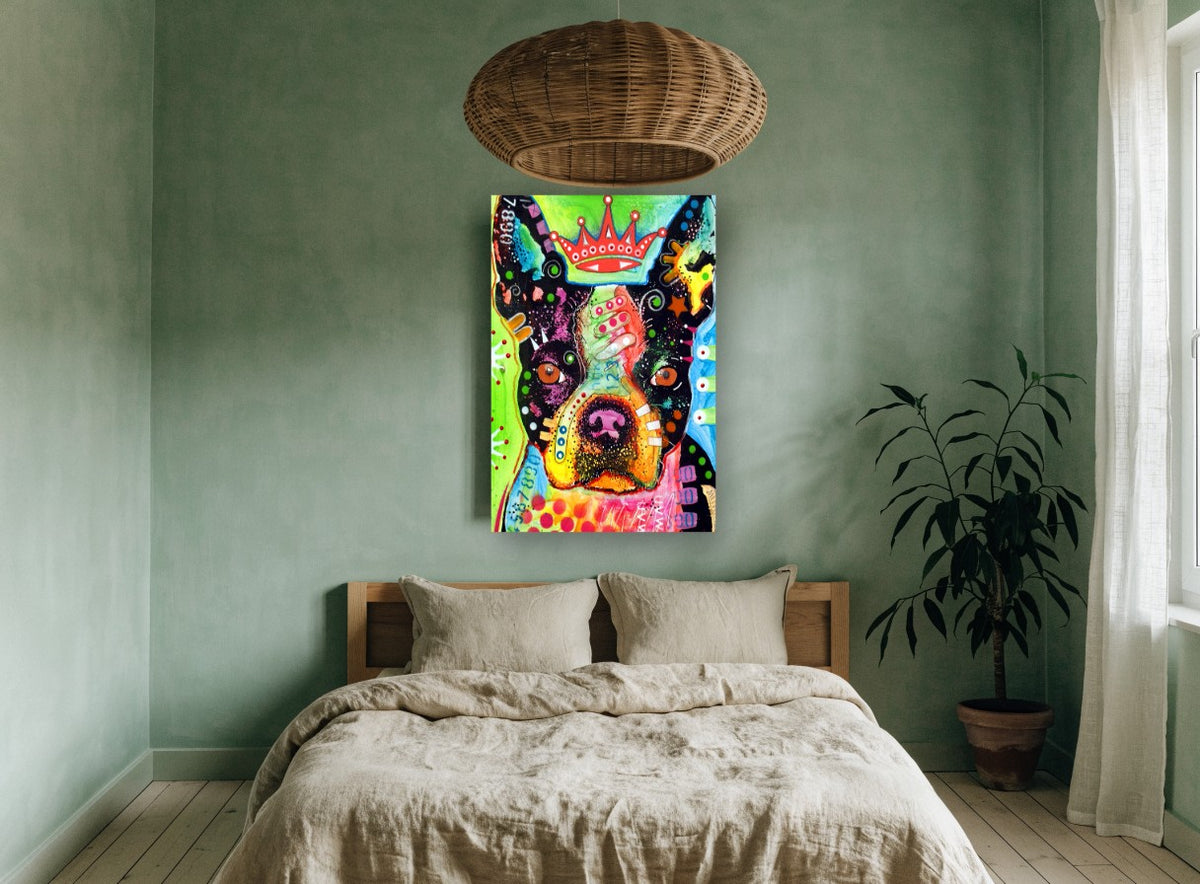 Crowned Boston Pop Dog animal canvas print on the wall of a bedroom