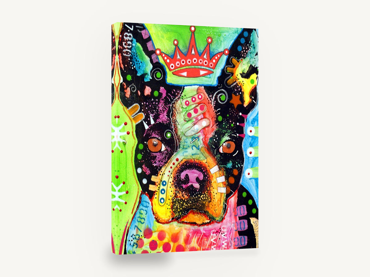 Crowned Boston Pop Dog, pop art boston terrier portrait, animal canvas wall art print ready to hang