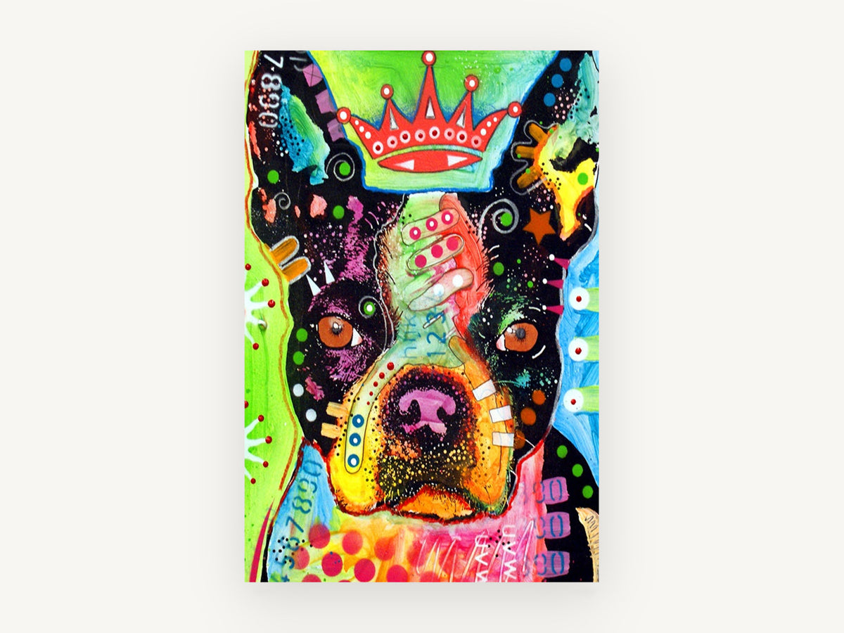 Crowned Boston Pop Dog, pop art boston terrier portrait, animal canvas wall art print, front view