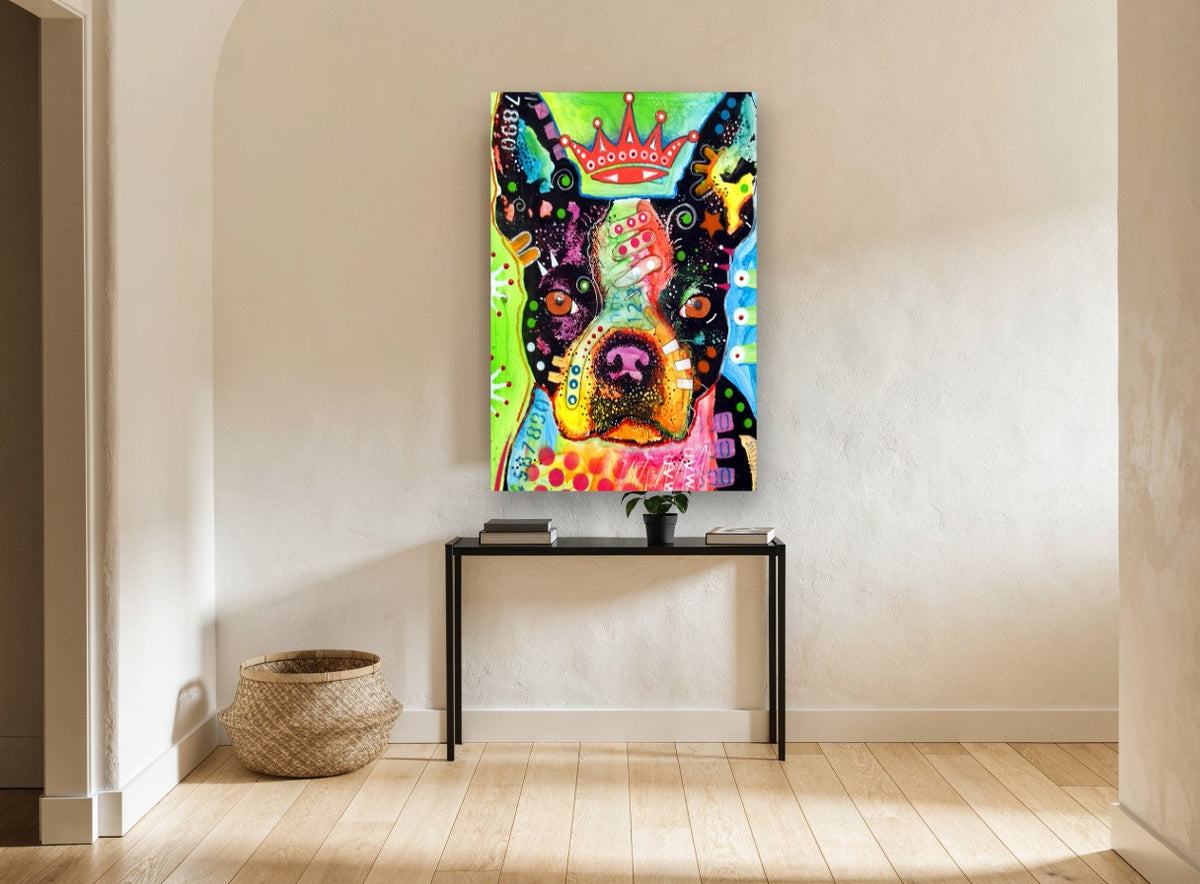 Crowned Boston Pop Dog animal canvas print on the wall of a hallway