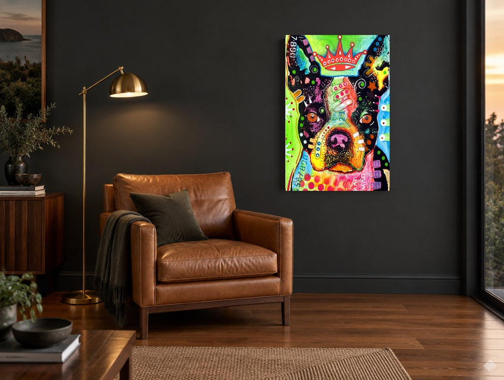 Crowned Boston Pop Dog animal canvas print on the wall of a charcoal living room