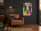 Crowned Boston Pop Dog animal canvas print on the wall of a charcoal living room
