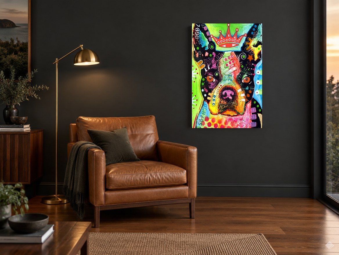 Crowned Boston Pop Dog animal canvas print on the wall of a charcoal living room