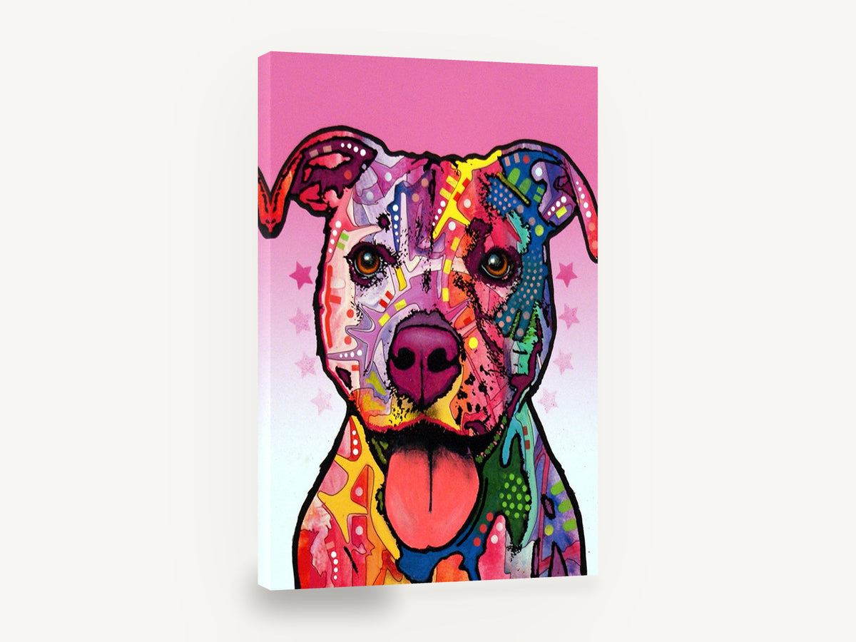 Pink Pop Pitbull, colourful pop art pitbull portrait, animal canvas wall art print ready to hang