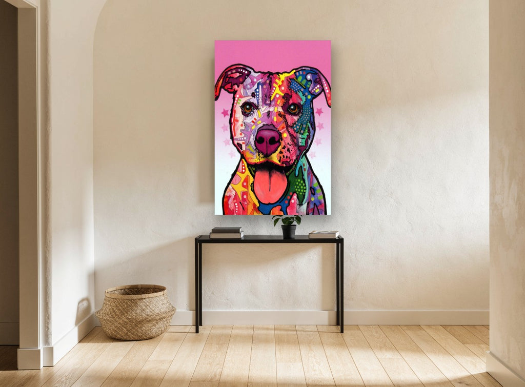 Pink Pop Pitbull animal canvas print on the wall of a hallway