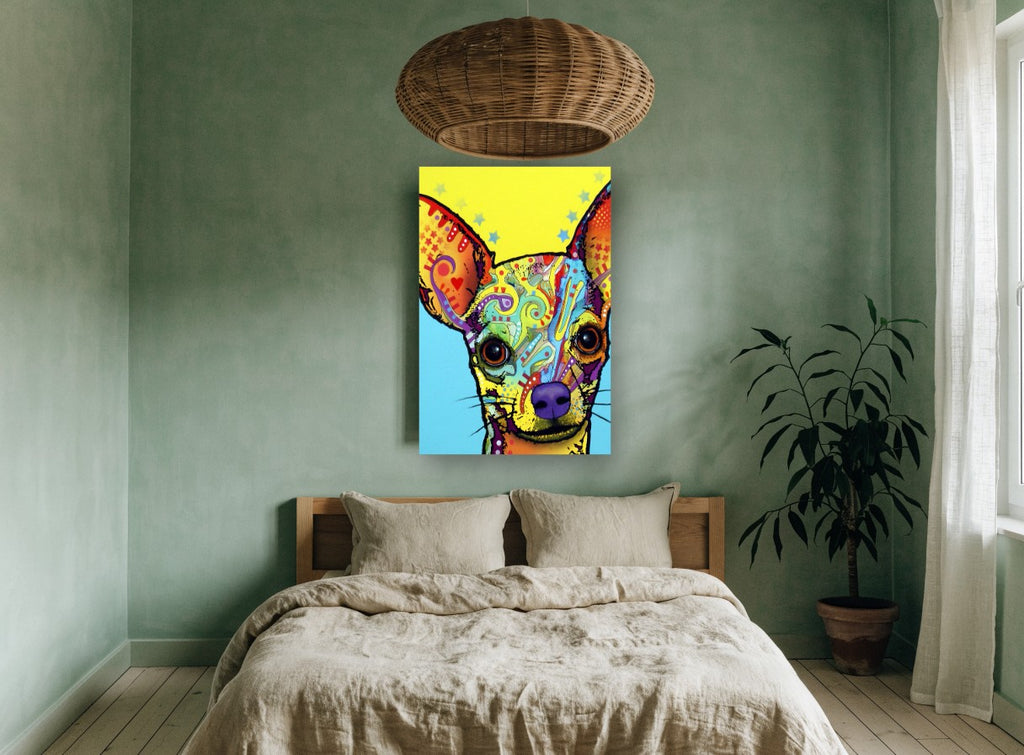 Pop Art Chihuahua Portrait animal canvas print on the wall of a bedroom