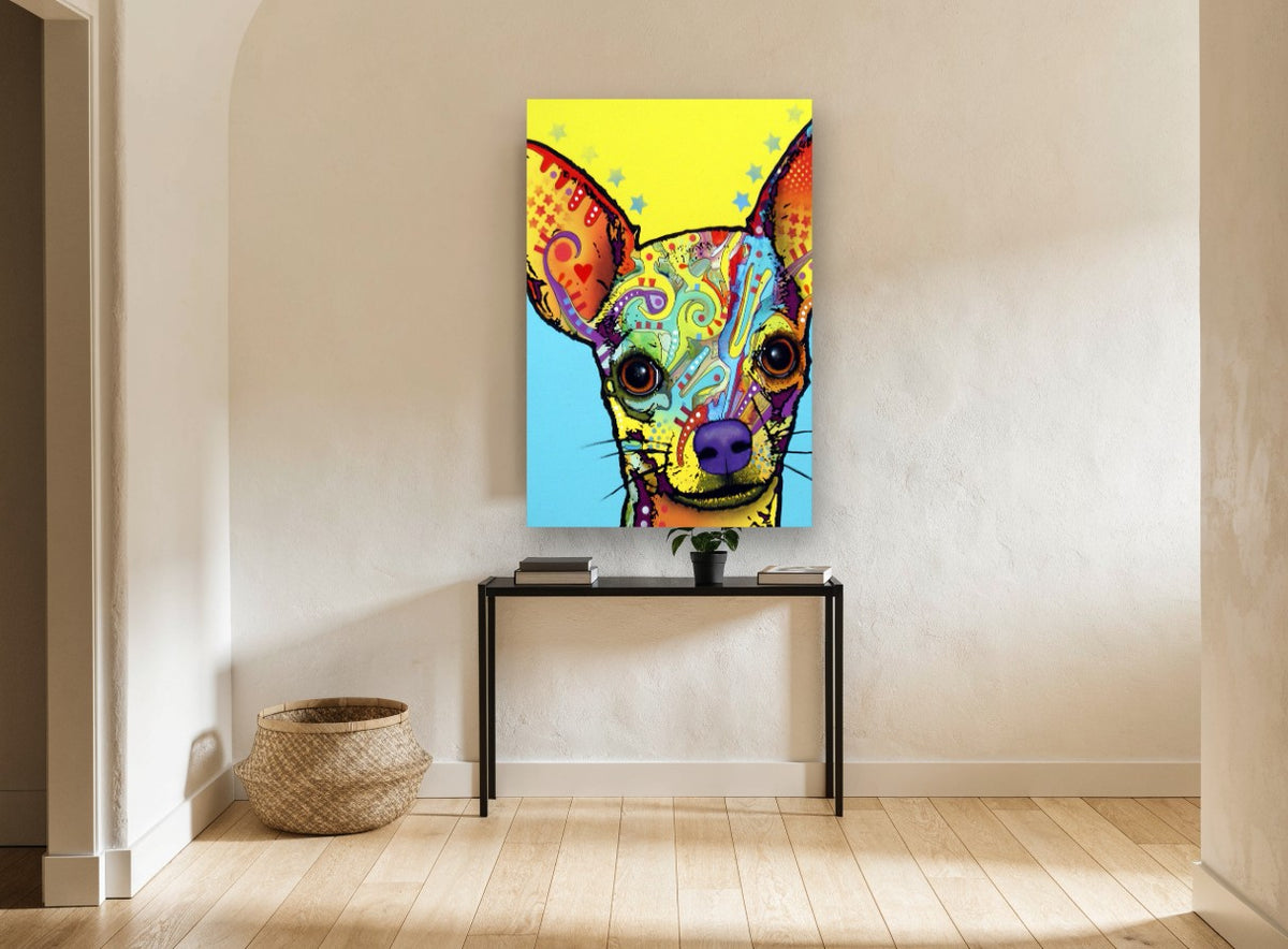 Pop Art Chihuahua Portrait animal canvas print on the wall of a hallway