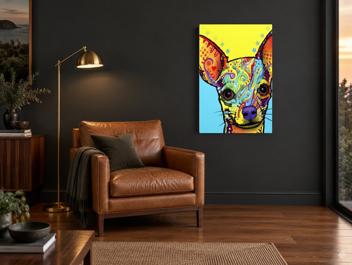 Pop Art Chihuahua Portrait animal canvas print on the wall of a charcoal living room