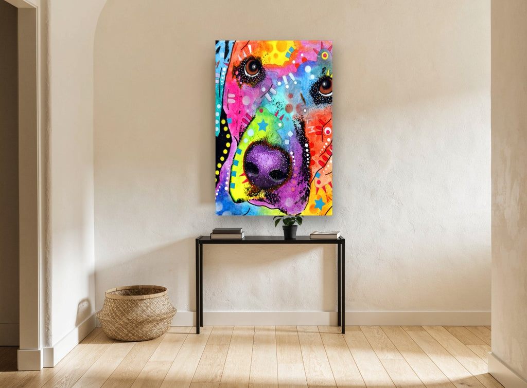 Rainbow Nose Pup animal canvas print on the wall of a hallway