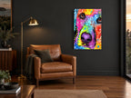 Rainbow Nose Pup animal canvas print on the wall of a charcoal living room