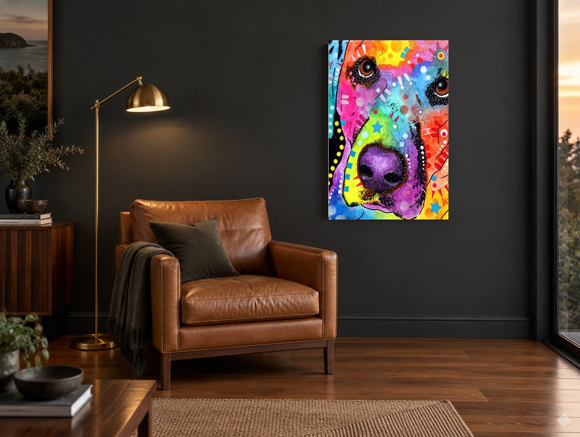Rainbow Nose Pup animal canvas print on the wall of a charcoal living room