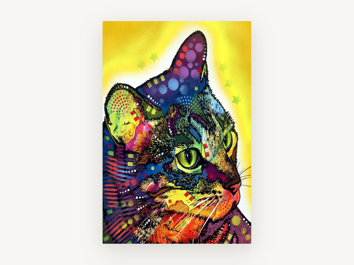 Neon Tabby Gaze, colourful pop art cat illustration, animal canvas wall art print, front view