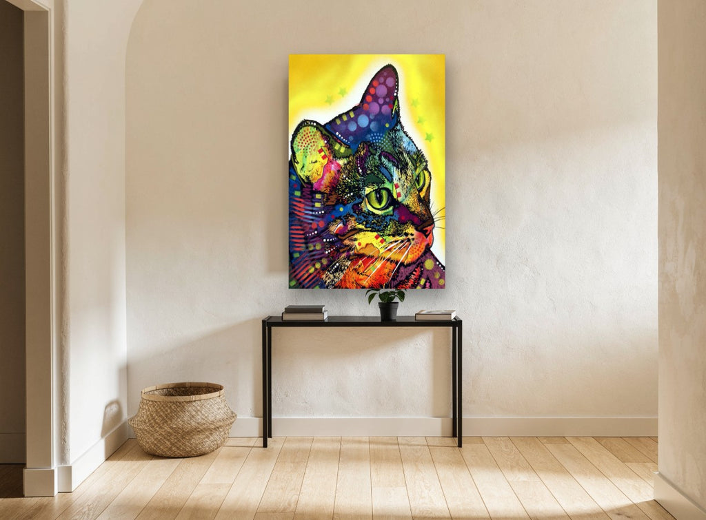 Neon Tabby Gaze animal canvas print on the wall of a hallway