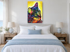 Neon Tabby Gaze animal canvas print on the wall of a bedroom