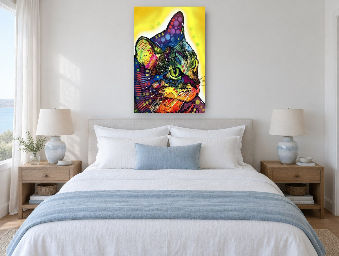 Neon Tabby Gaze animal canvas print on the wall of a bedroom