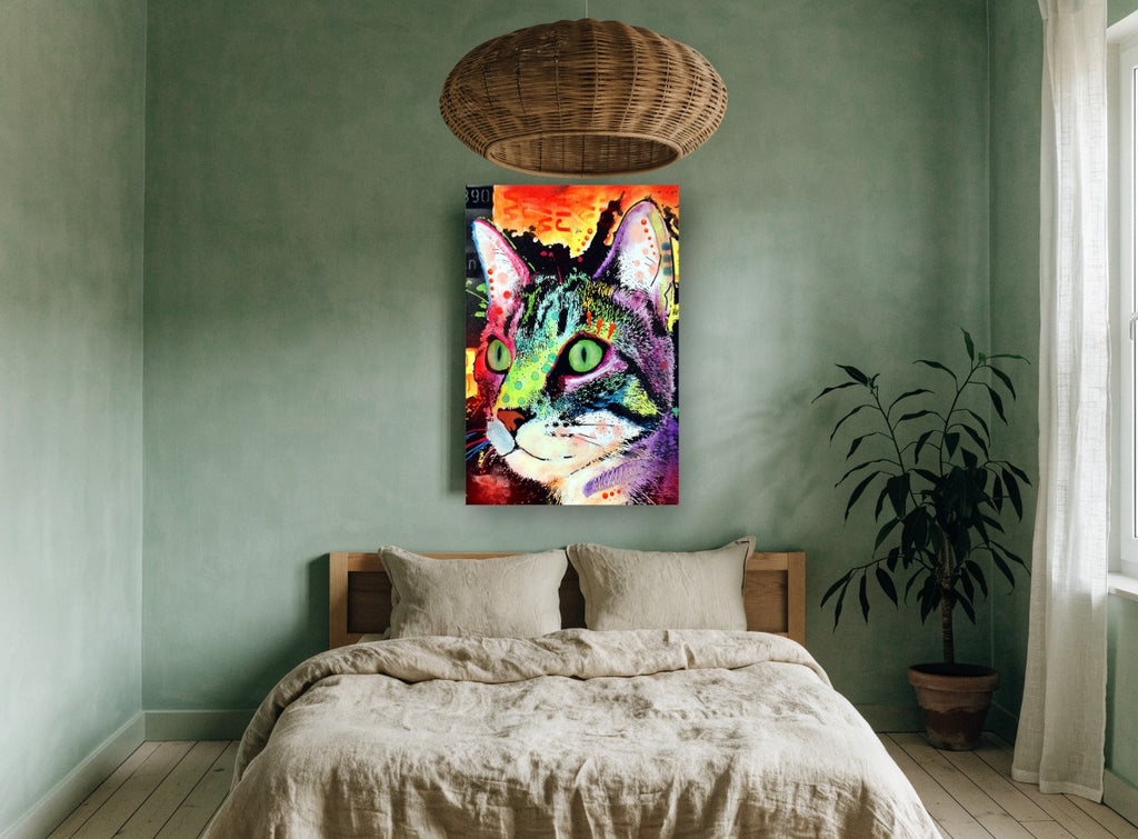 Emerald Eyed Tabby animal canvas print on the wall of a bedroom