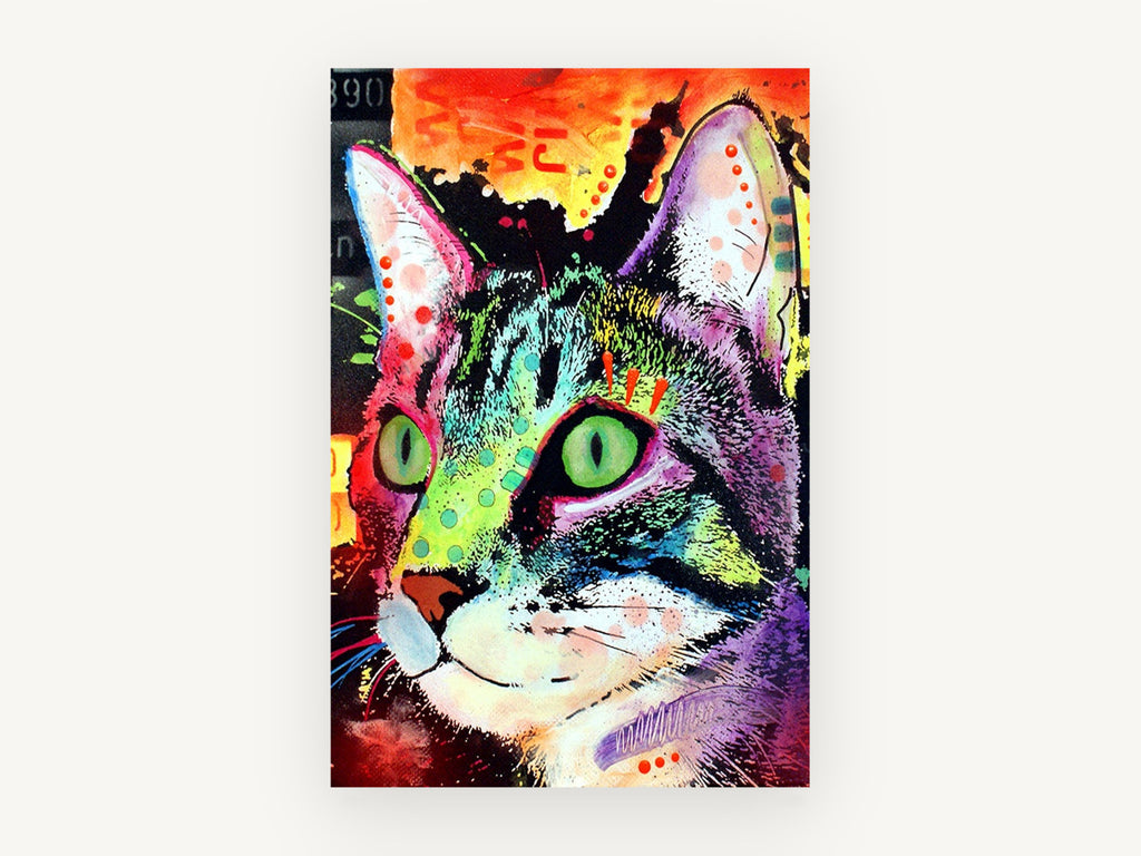 Emerald Eyed Tabby, colourful pop art cat portrait, animal canvas wall art print, front view