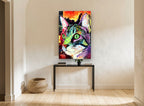 Emerald Eyed Tabby animal canvas print on the wall of a hallway