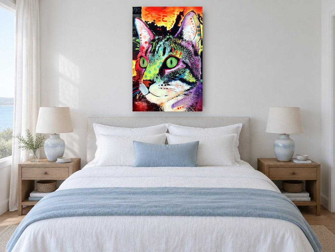 Emerald Eyed Tabby animal canvas print on the wall of a bedroom