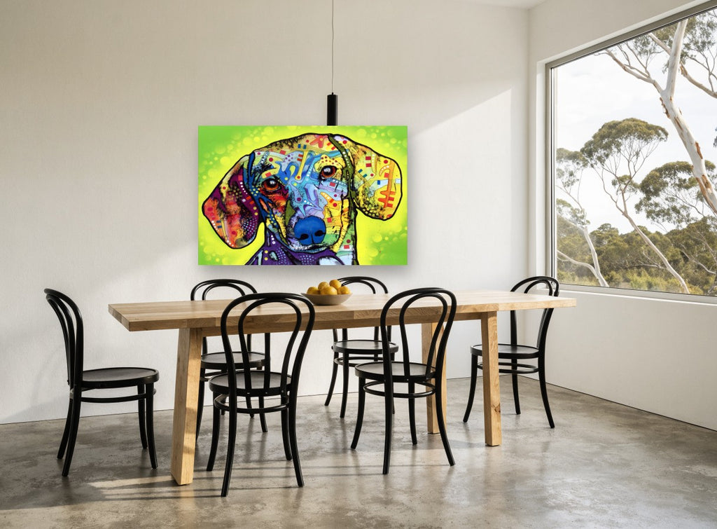 Neon Dachshund Portrait animal canvas print on the wall of a dining room