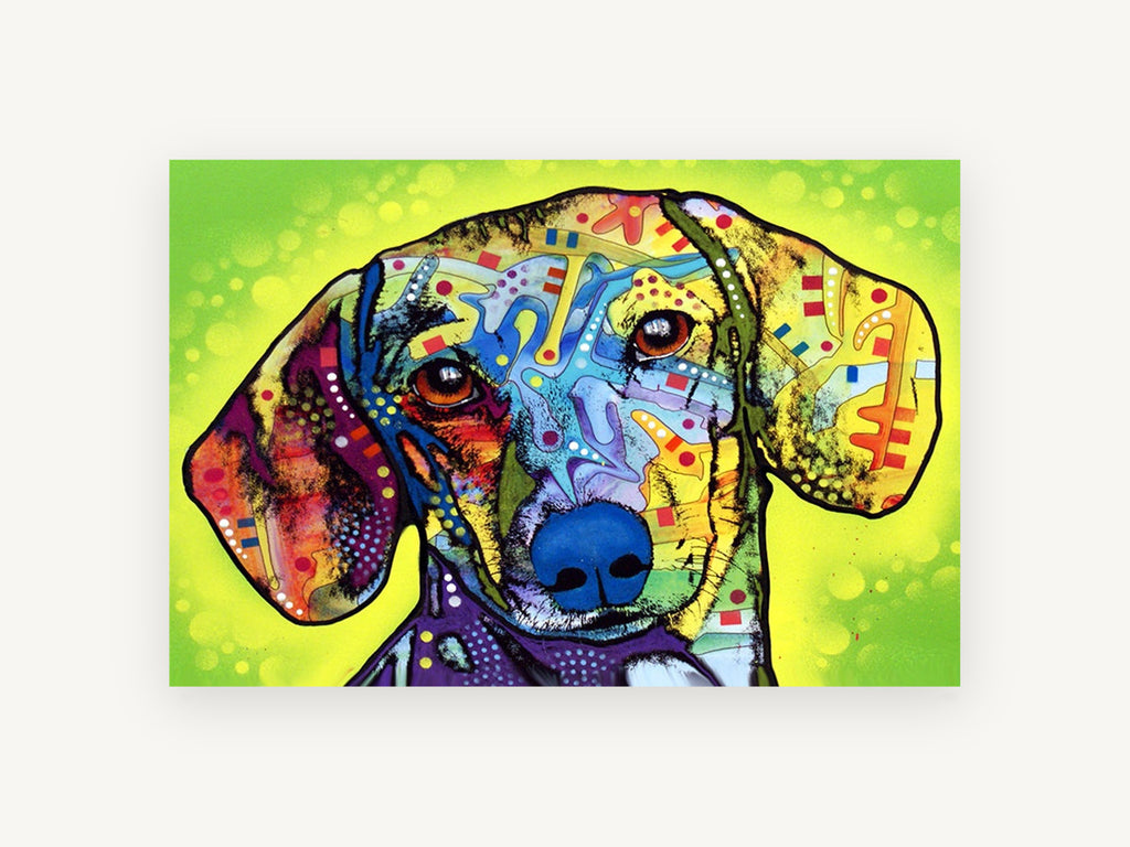 Neon Dachshund Portrait, colourful pop art dachshund portrait, animal canvas wall art print, front view