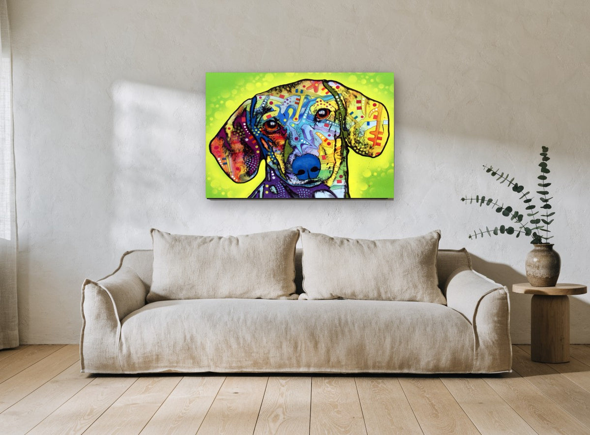 Neon Dachshund Portrait animal canvas print on the wall of a living room