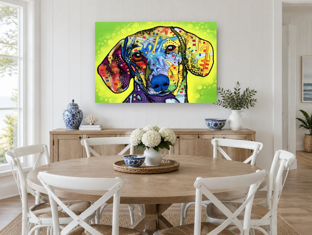 Neon Dachshund Portrait animal canvas print on the wall of a Hamptons dining room